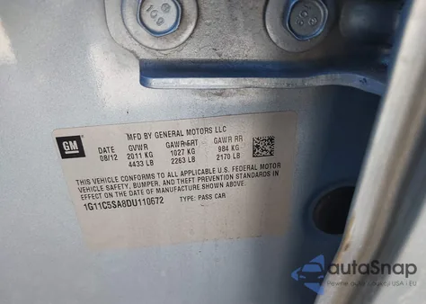 2013 Chevrolet Malibu 1Lt из США, поврежденный, VIN 1G11C5SA8DU110672